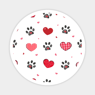 Black doodle paw print with retro beautiful hearts Magnet